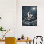 Vintage Fairy Riding Owl Art Print Celestial Moonlit Night Fairies Wall Art Victorian Dark Fantasy Poster Myth Symbolism