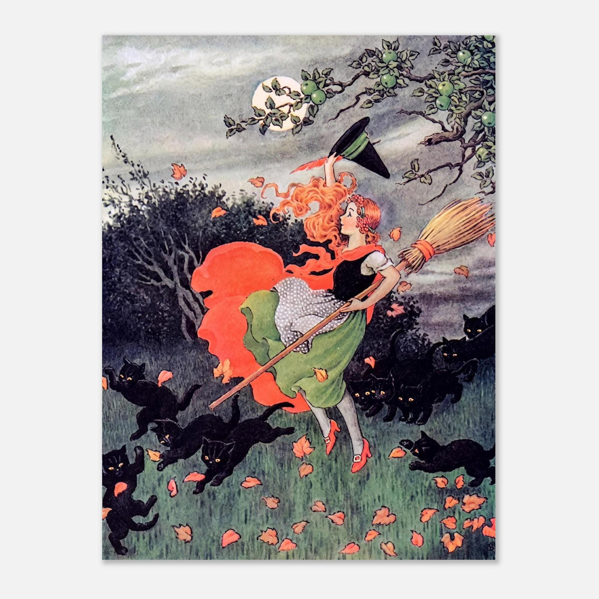 Vintage Halloween Witch Print Black Cats Flying Broom Autumn Full Moon Foliage Spooky Antique Wall Decor Print Golden Age Art