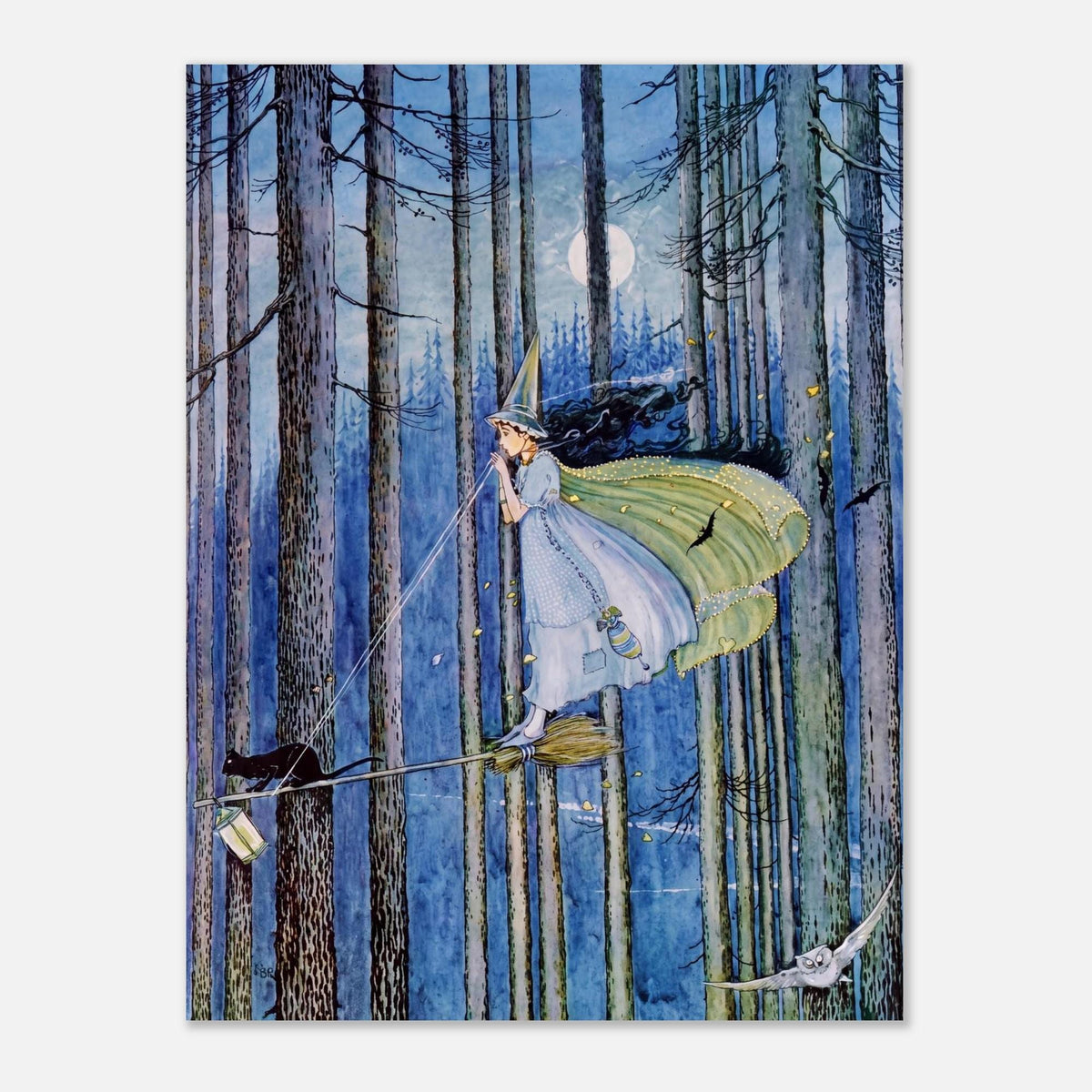 Vintage Witch Broomstick Art Print Fairy Illustration Black Cat Flying Moon Wall Decor Cottagecore Poster Golden Age Art