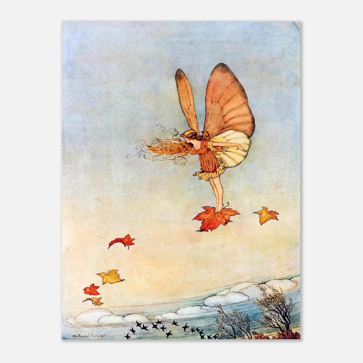 Vintage Fairy Art Print Autumn Leaf Botanical Nursery Wall Decor Whimsical Cottagecore Illustration Poster Print Golden Age Art