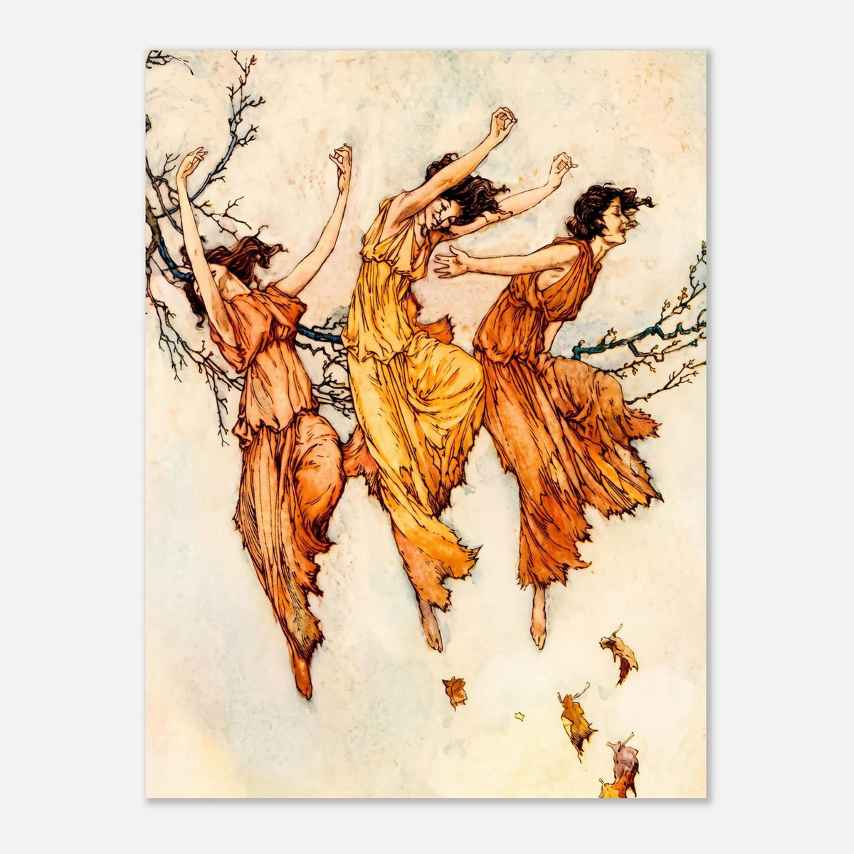 Franklin Booth Autumn Leaves 1911 Art Print Vintage Nymphs Dancing Fall Illustration Mythical Goddesses Fairy Wall Decor Golden Age Art