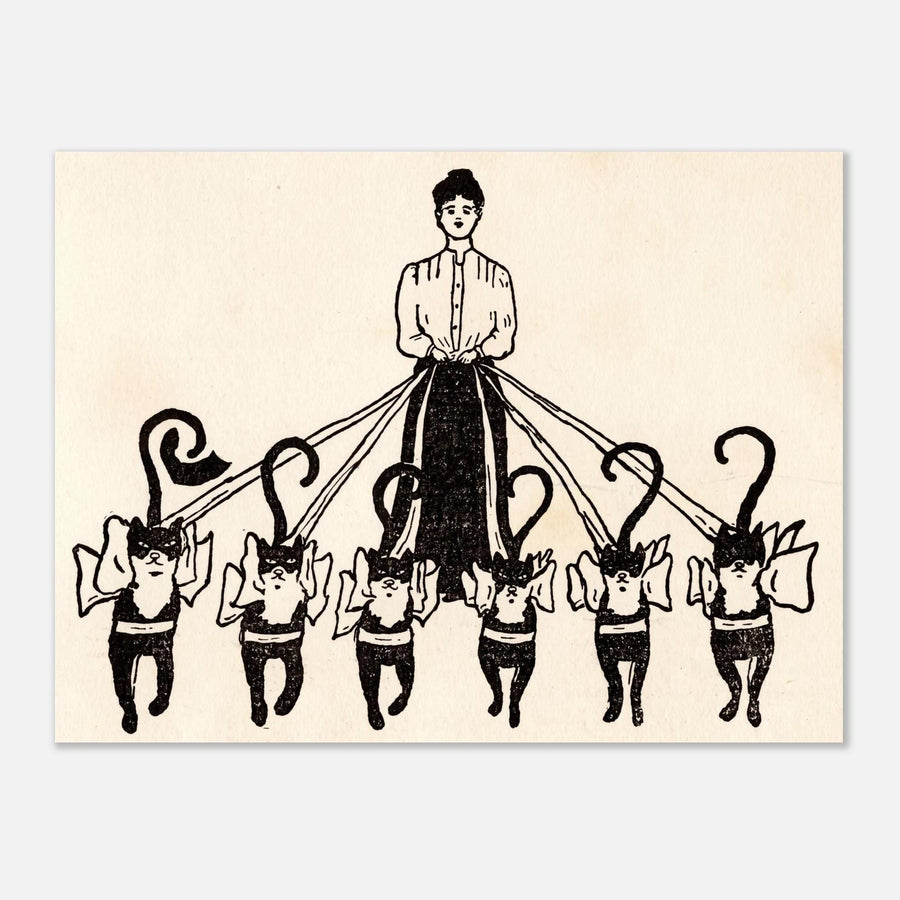 Vintage Woman Walking Black Cats Art Print Antique Edwardian Cat Illustration Quirky Black Cat Wall Decor Poster Vintage Cat Art