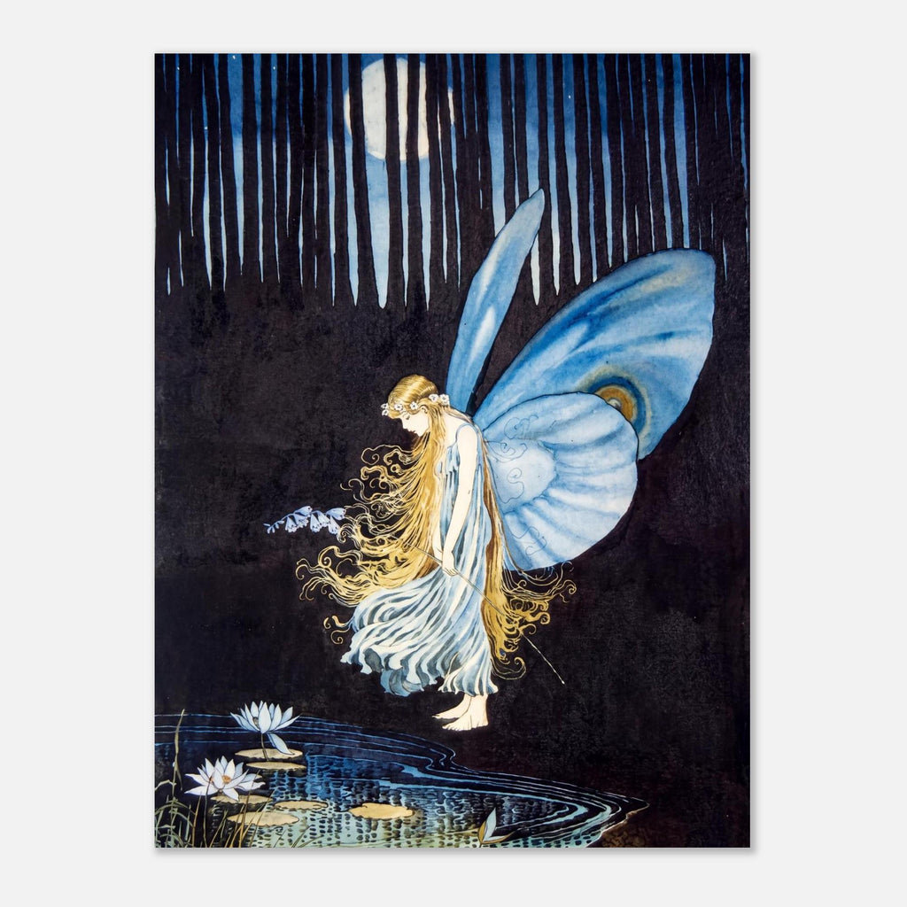 Vintage Fairy Art Print Blue Wings Moonlit Forest Poster Fantasy Woodland Wall Art Fairy Tale Illustration Myth Symbolism