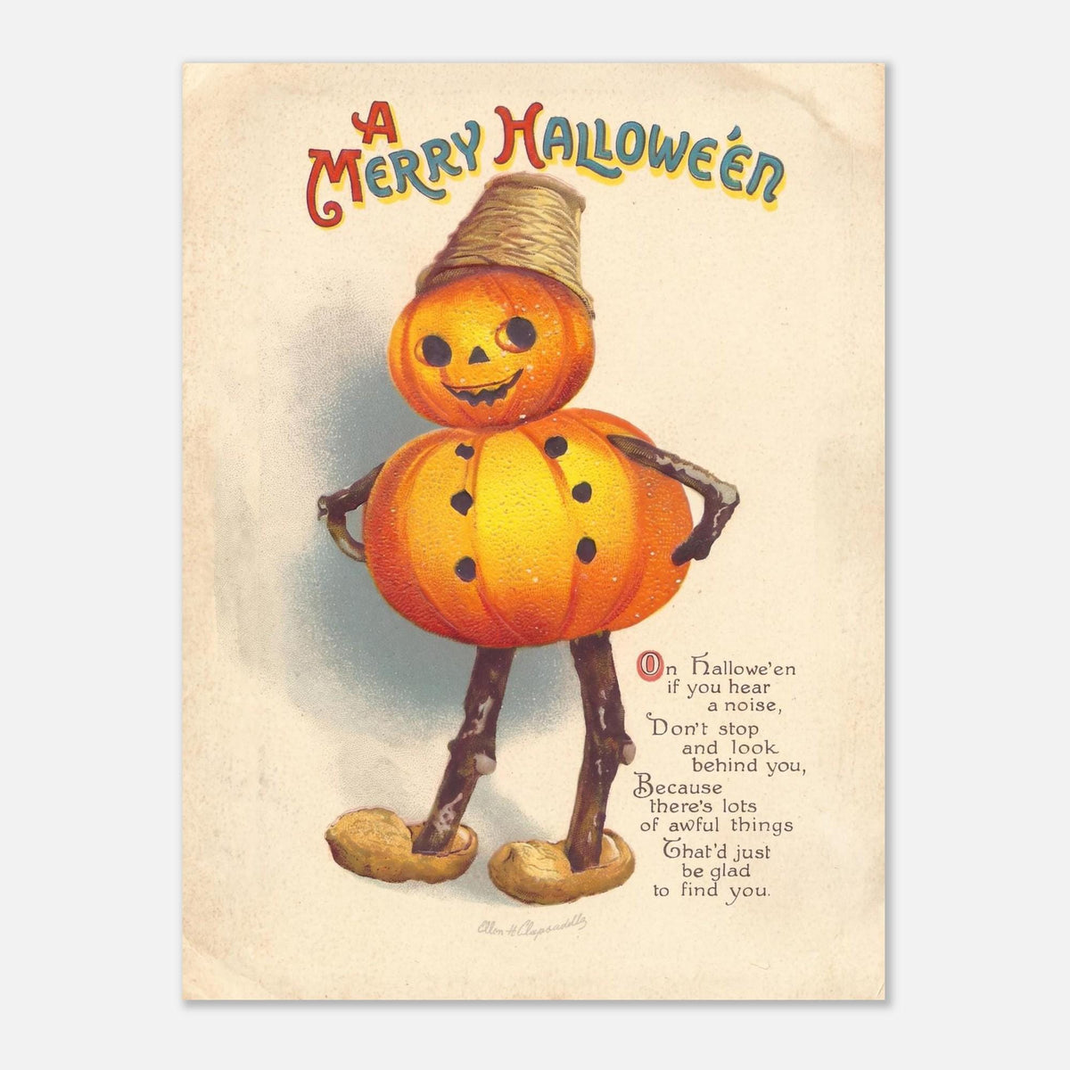 Vintage Halloween Pumpkin Man Art Print Antique Spooky Jack O Lantern Postcard Wall Decor Ellen Clapsaddle Art Anthropomorphic