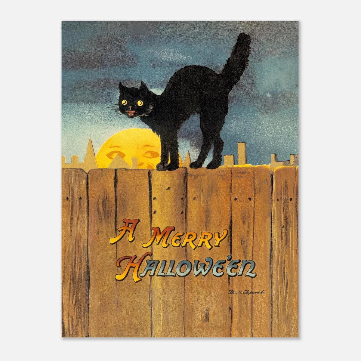 Vintage Halloween Black Cat Art Print Retro Spooky Wall Decor Antique Holiday Postcard Illustration Gift Retro Gothic Vintage Cat Art
