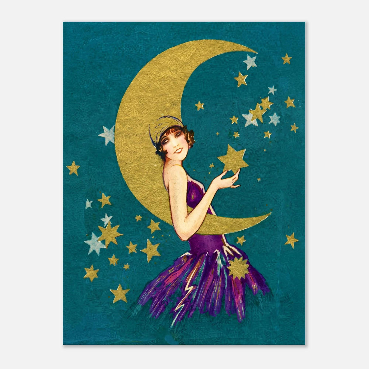 Vintage Art Deco Moon Art Print Flapper Woman Wall Decor Celestial Aesthetic Retro Poster Canvas Giclee Celestial Astronomy