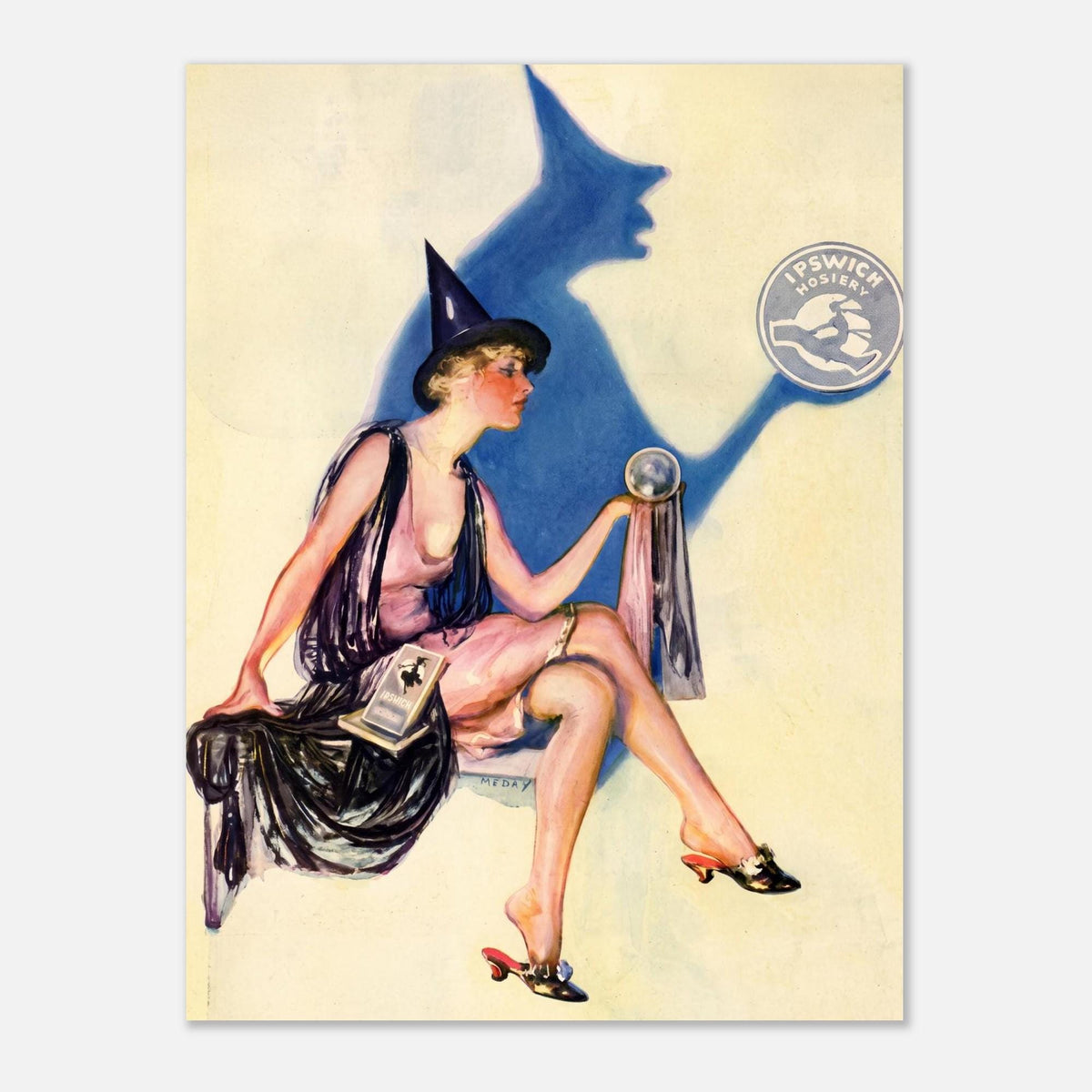 Vintage 1920s Witch Poster Flapper Halloween Art Print Retro Witchy Wall Decor Antique Ipswich Hosiery Print Gothic Oddities