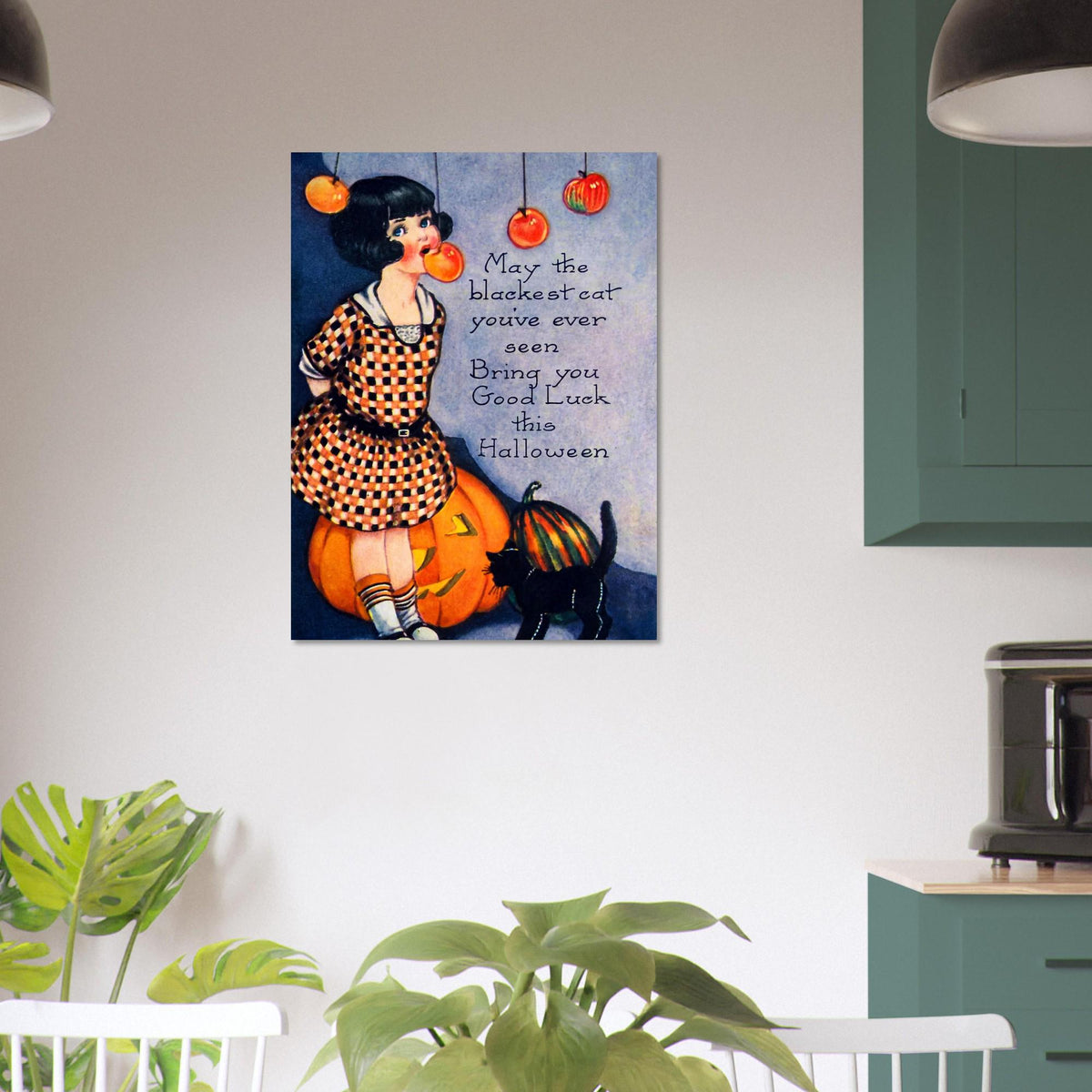 Vintage Halloween Poster Black Cat Bobbing Apples Pumpkin Card Print Antique Halloween Wall Art Retro Holiday Poster Vintage Cat Art