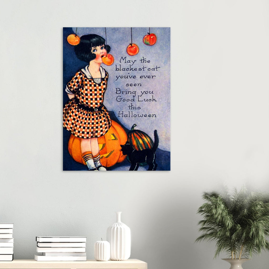 Vintage Halloween Poster Black Cat Bobbing Apples Pumpkin Card Print Antique Halloween Wall Art Retro Holiday Poster Vintage Cat Art