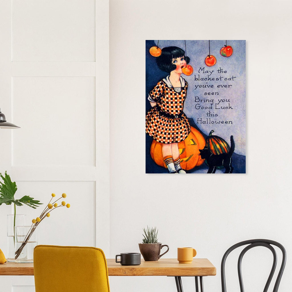 Vintage Halloween Poster Black Cat Bobbing Apples Pumpkin Card Print Antique Halloween Wall Art Retro Holiday Poster Vintage Cat Art