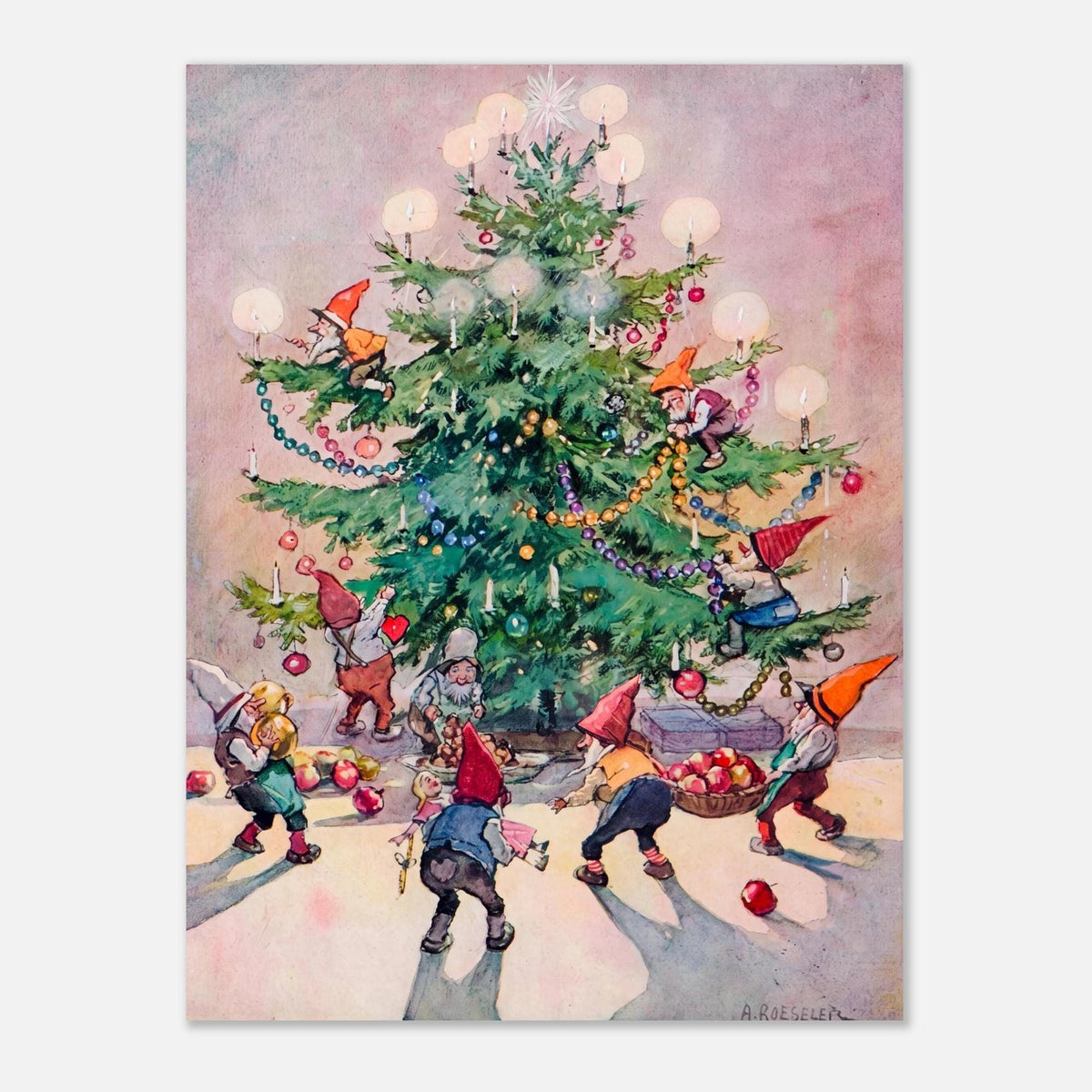 Vintage Gnome Christmas Tree Print Retro Holiday Wall Art Festive Winter Decor Antique Illustration Canvas Folk Naive Art