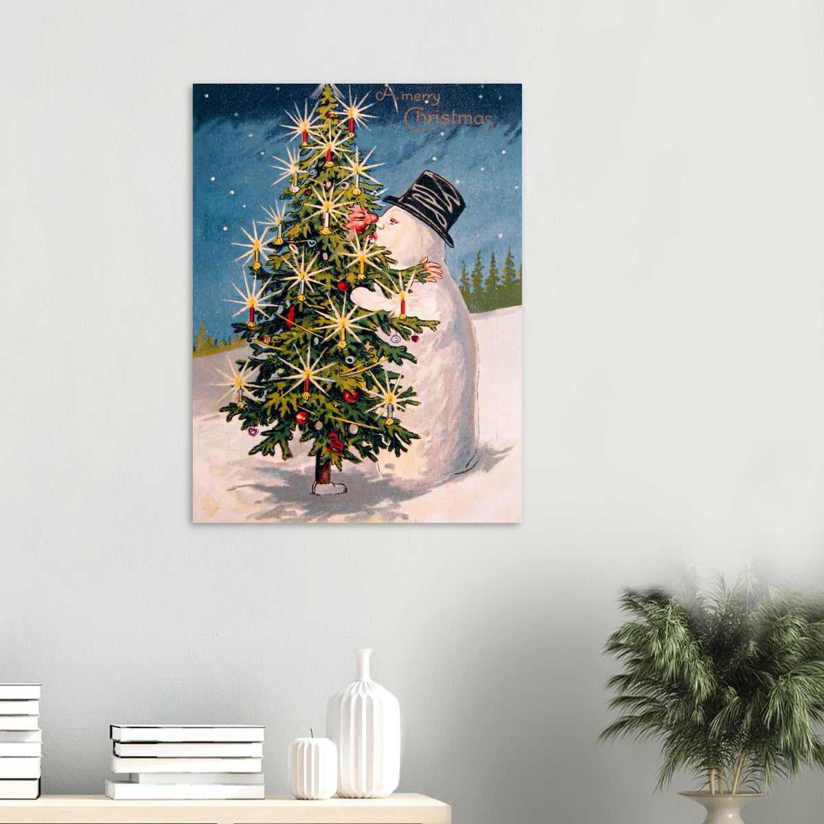 Vintage Snowman Christmas Tree Print Weird Victorian Holiday Poster Antique Winter Wall Art Canvas Oddities Vintage Animal