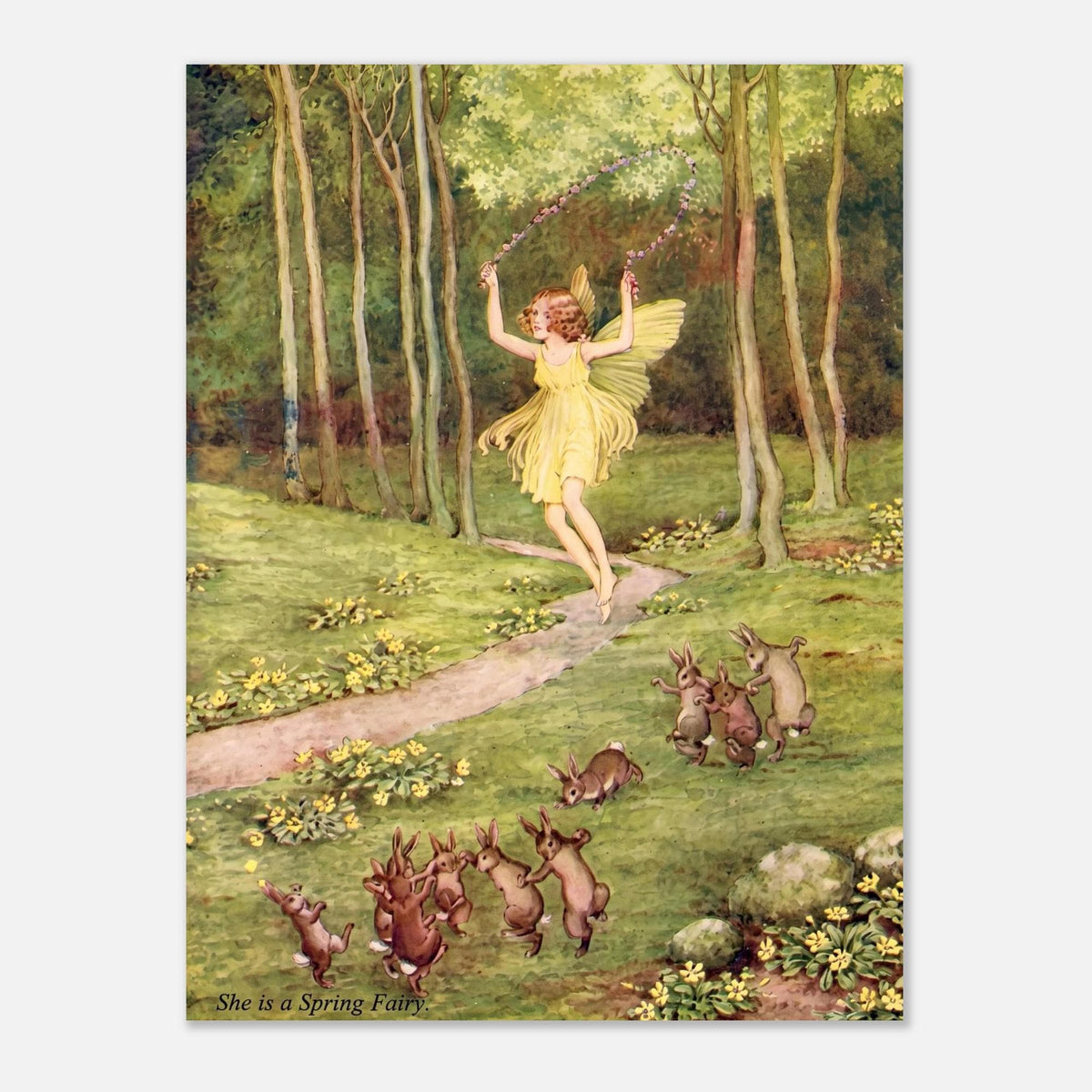 Vintage Spring Fairy Skipping with Rabbits Wall Art Cute Forest Woodland Nursery Cottagecore Illustration Poster Golden Age Art