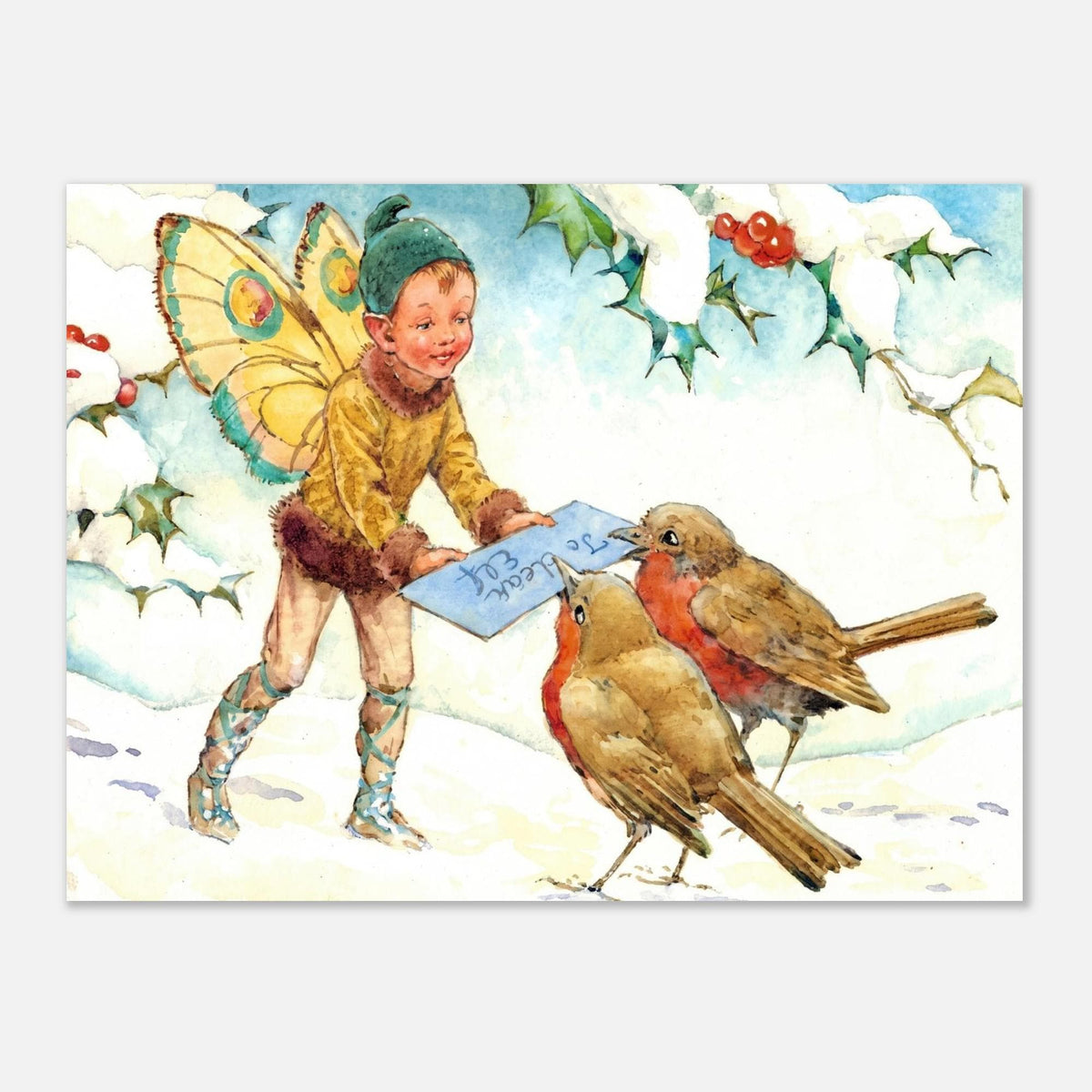 Christmas Elf Art Print With A Letter For Two Robins Among Snow Covered Holly Golden Age Art