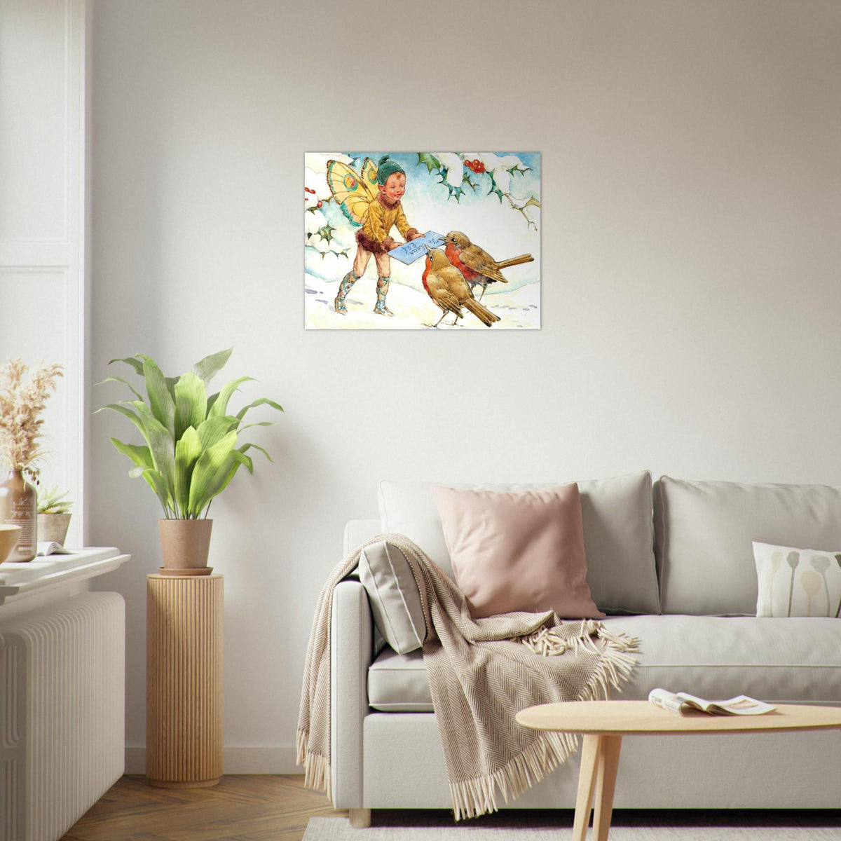 Christmas Elf Art Print With A Letter For Two Robins Among Snow Covered Holly Golden Age Art