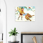Christmas Elf Art Print With A Letter For Two Robins Among Snow Covered Holly Golden Age Art