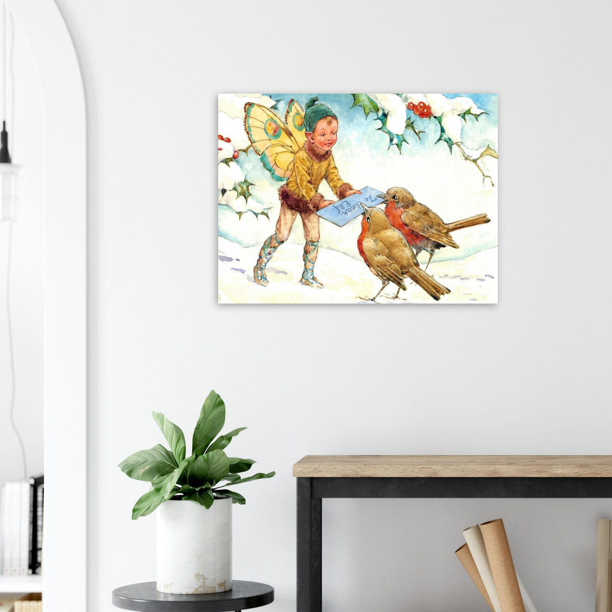 Christmas Elf Art Print With A Letter For Two Robins Among Snow Covered Holly Golden Age Art