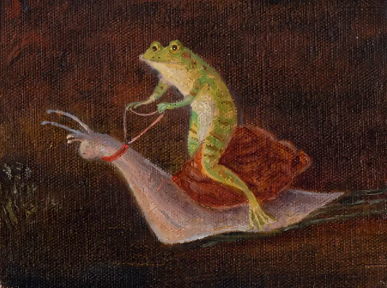 Vintage painting of a frog riding a snail