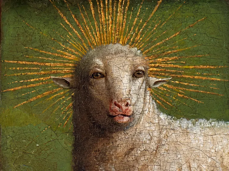 Vintage sacred painting of a lamb surrounded by golden rays